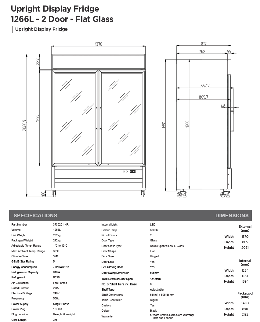 Bromic UF0550GDL-NR Upright Display Freezer 546L – 1 Door – Flat Glass – Lightbox (5 year warranty)