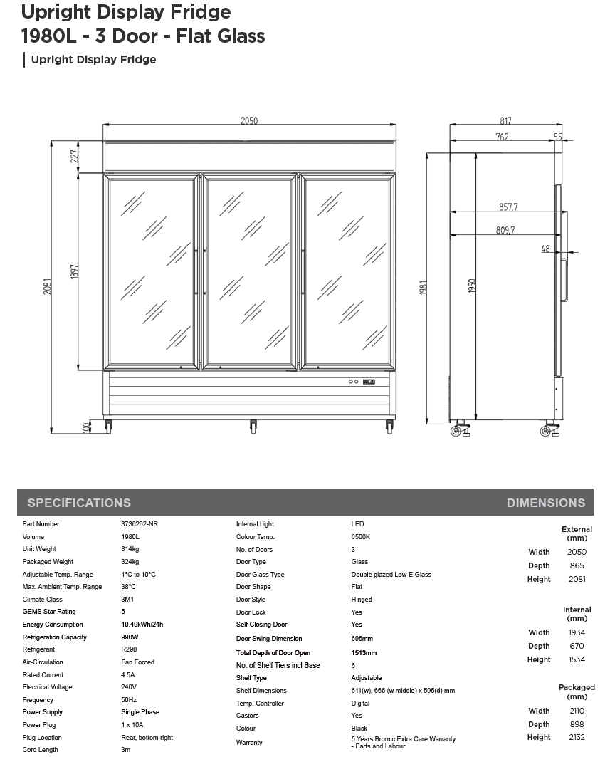 Bromic UC1980GDL-NR Upright Display Fridge 1980L – 3 Door – Flat Glass – Lightbox (5 year warranty)