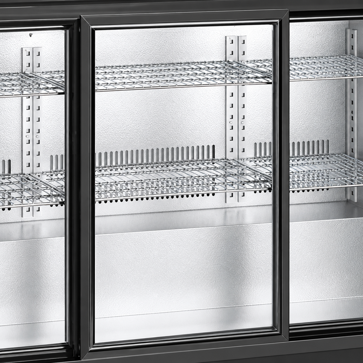 BB-330SEC sliding glass doors and wire shelving detail