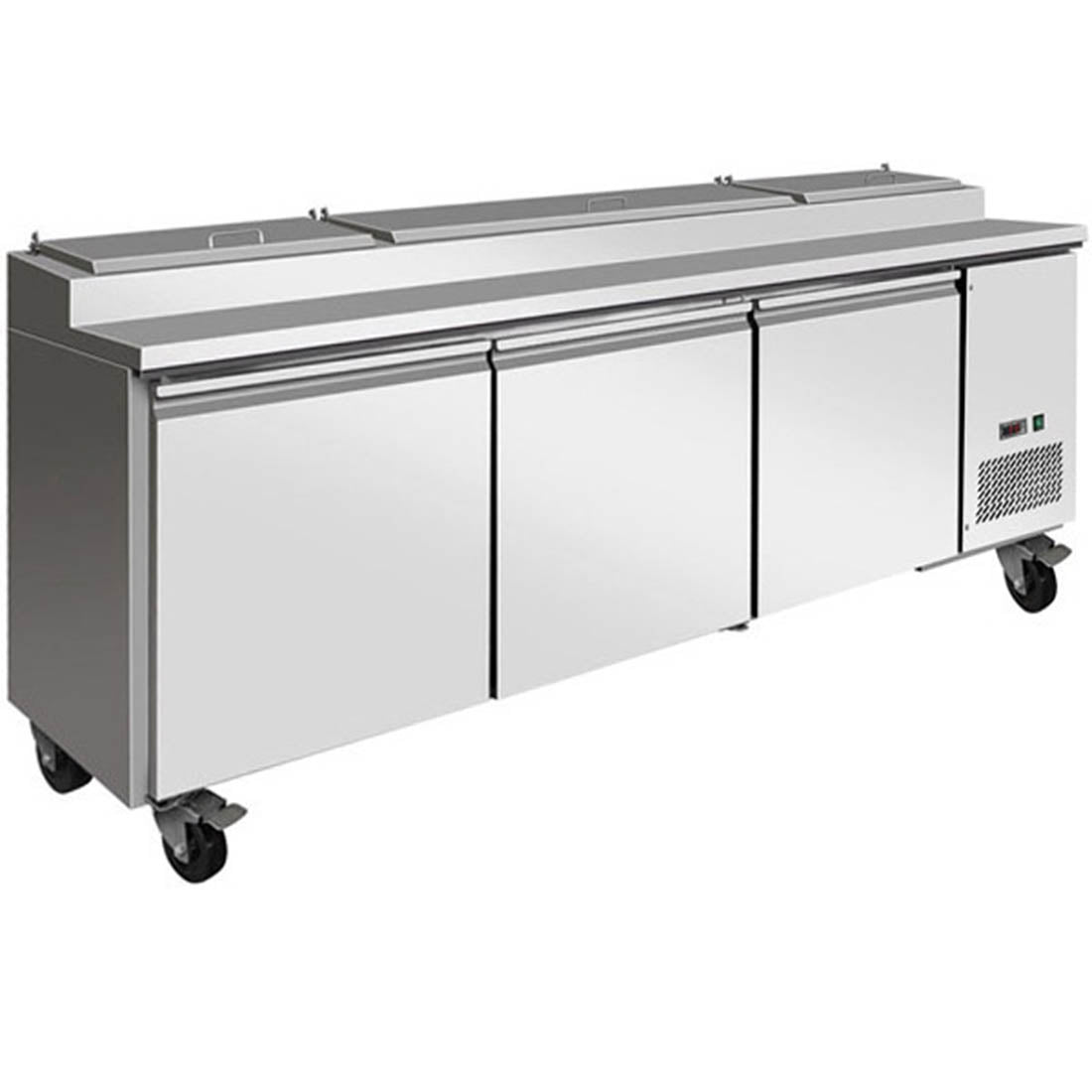 Thermaster TPB2400 three-door pizza prep fridge with 12 GN pans