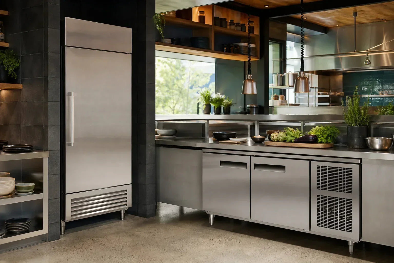 Modern Australian commercial kitchen with upright and under-bench refrigeration