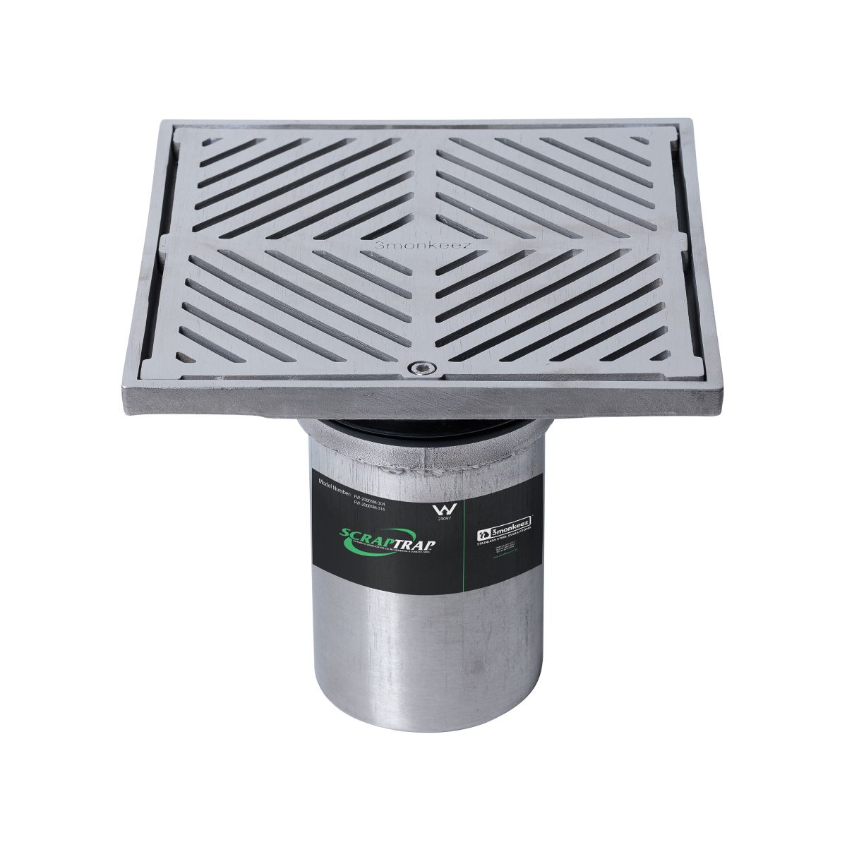 200mm Square Floor Waste Arrestor FW-200BSM-304 (suits 100mm pipe) (Heel Proof)