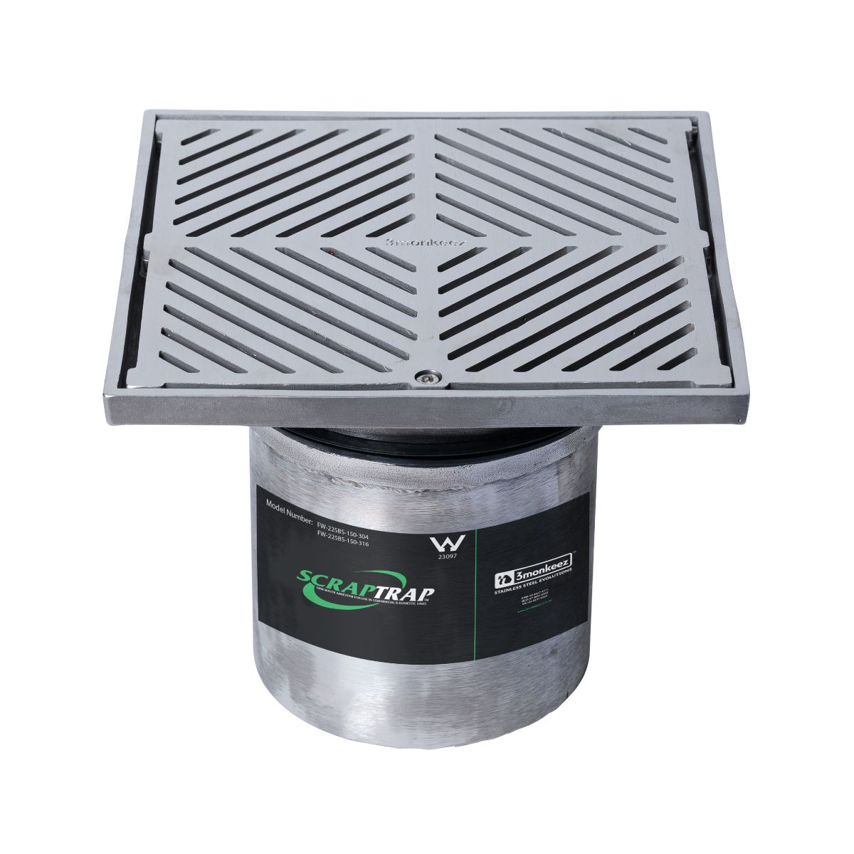 225mm Square Floor Waste Arrestor 304 Grade S/S (suits 150mm pipe) (Heel Proof)