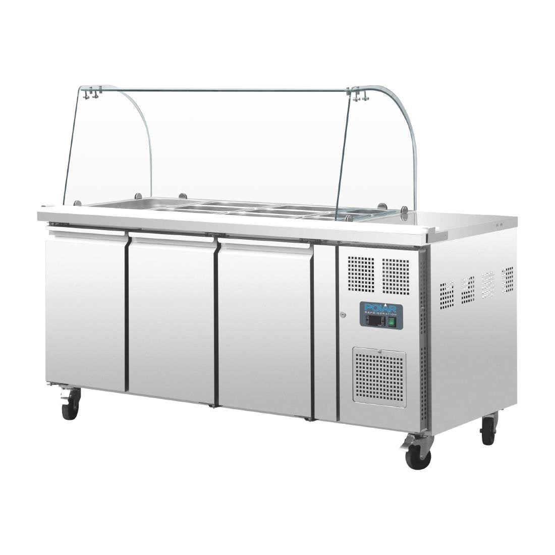 Polar U-Series Refrigerated GN Counter Saladette with Sneeze Guard - 3 Door