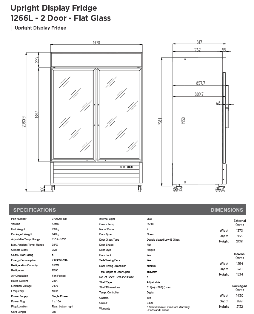 Bromic UC1250GDL-NR Upright Display Fridge 1266L – 2 Door – Flat Glass – Lightbox (5 year warranty)