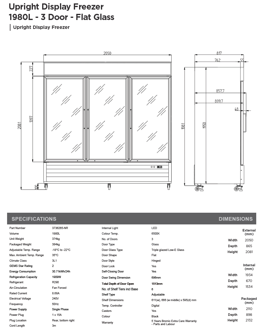 Bromic UF1980GDL-NR Upright Display Freezer 1980L – 3 Door – Flat Glass – (5 year warranty)