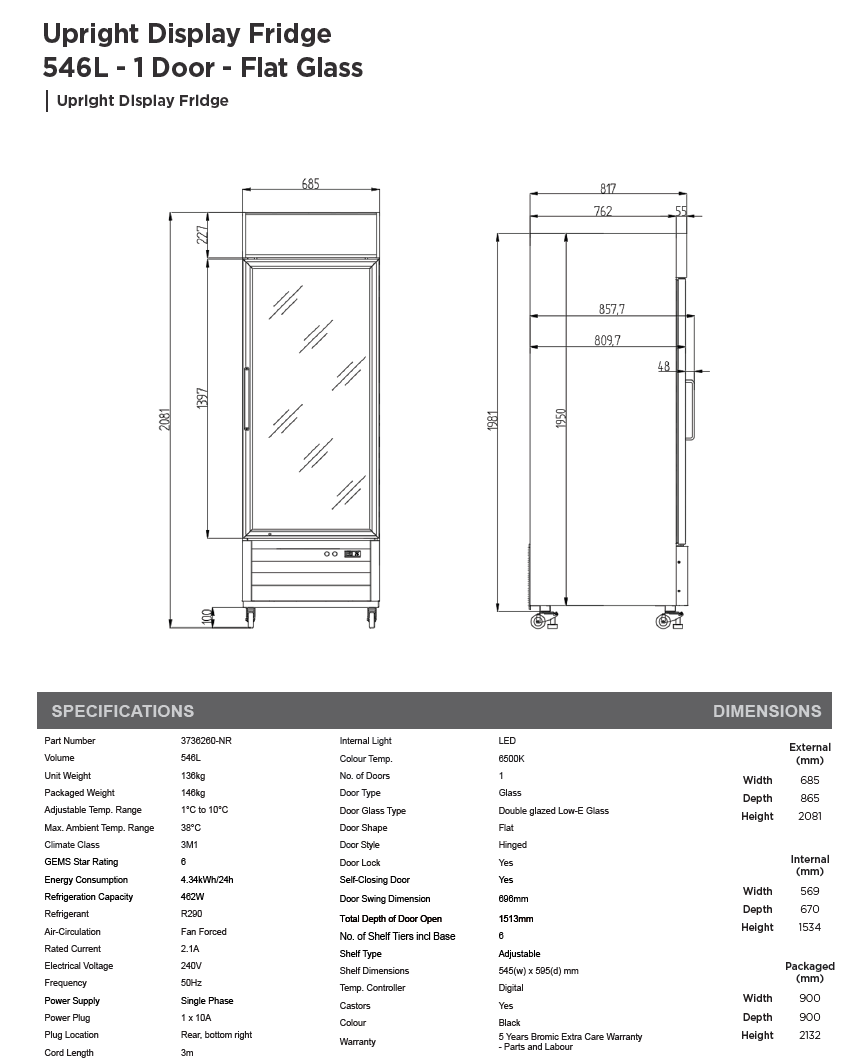Bromic UC0550GDL-NR Upright Display Fridge 546L – 1 Door – Flat Glass – Lightbox (5 Years warranty)