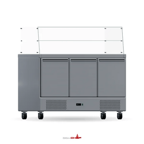 ComChef original 360° rendered view of FED-X XS903GC salad prep fridge with glass canopy; optional pans not shown