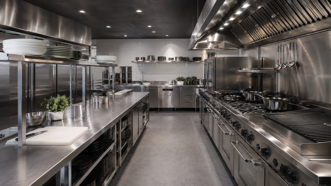Modern commercial kitchen with stainless steel appliances and equipment.