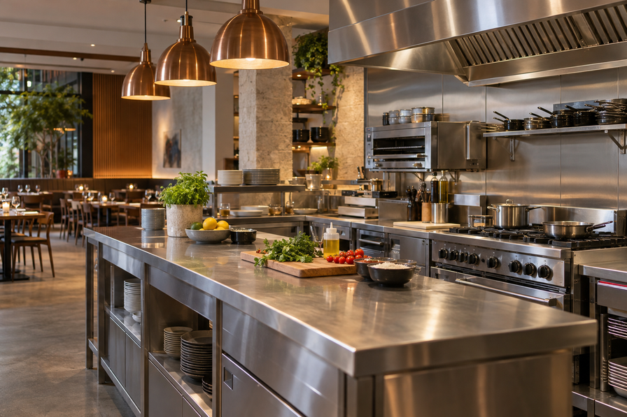 Illustrative restaurants interior with commercial hospitality equipment