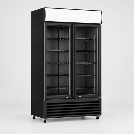 Thermaster LG-1000BP two glass door beverage fridge — enhanced studio view